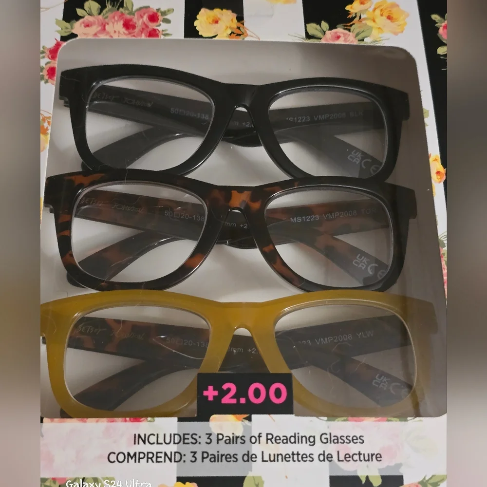 Betsey Johnson 3-pair reading glasses set in +2.00 magnification NIB